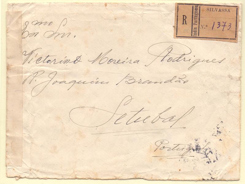 1190 f.jpg -     Lote:    1190 (frente)            Índia       Descrição:         1938 &mdash; Império Colonial Português. Sobrescrito circulado registado de Silvassa (30.09.43) para Setúbal, com trânsito por Damão (02.10.43) com selos de 6 reis CE351 + tira de 3 selos de 2Tg CE355. Censura inglesa por cinta. Carimbos batidos a preto de SILVASSA e DAMÃO.        Carta       Valor Base:     &euro; 15,00     Valor Venda:     &euro; 25,00     